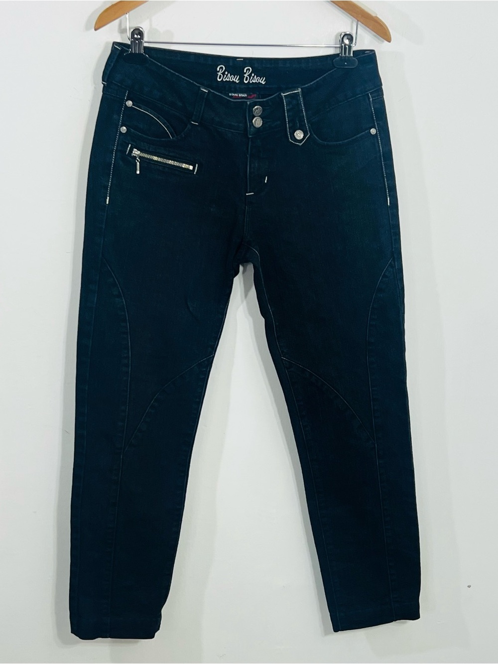 Bisou Bisou Jeans Black Charcoal Y2K Flattering Stitching Detail Zip Pocket Sz 8
